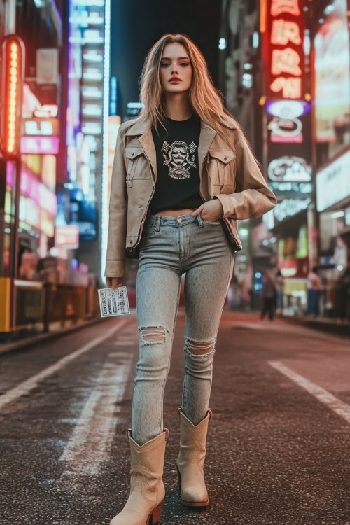 Woman wearing beige cowboy boots with high-waisted, vintage-wash jeans and a cropped leather jacket over a black band tee, styled with a small crossbody bag