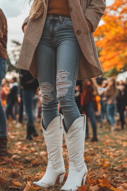 Young woman in a knee-length coat, white cowboy boots, and jeans, standing in the crowd at an outdoor fall concert with orange leaves and music-filled atmosphere