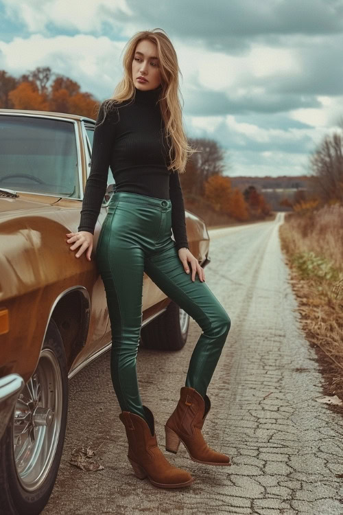 a woman wears a black top, brown cowboy boots and olive leggings