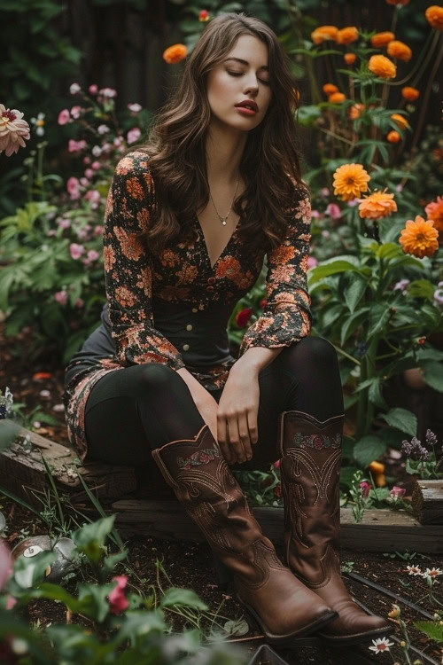 a woman wears a boho dress, tights and brown cowboy boots