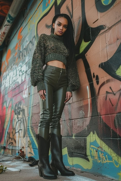 a woman wears a crop sweater, leather pants and black cowboy boots