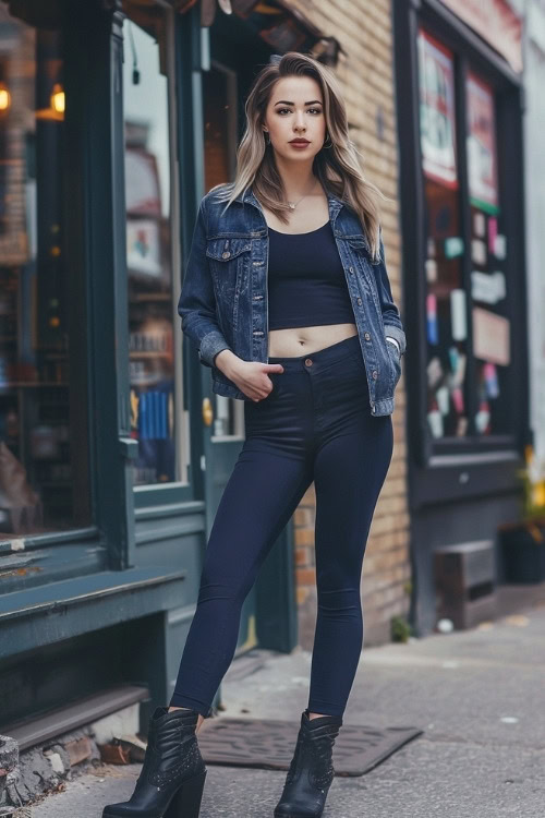 a woman wears a denim jacket, black cowboy boots and navy leggings