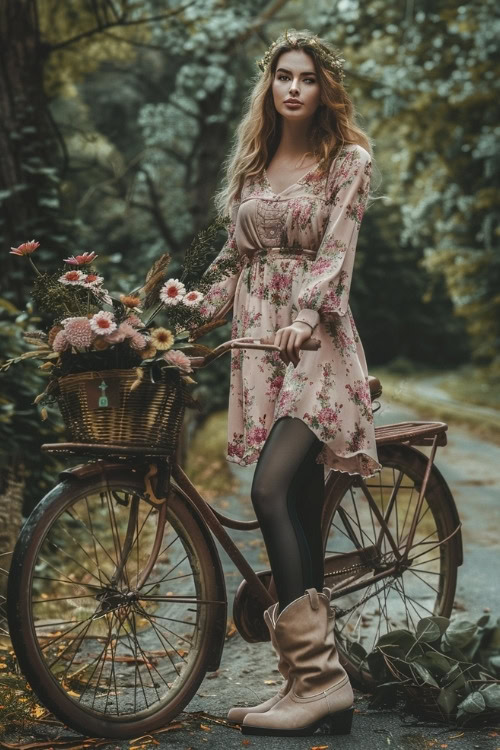 a woman wears a floral dress, tights and brown cowboy boots