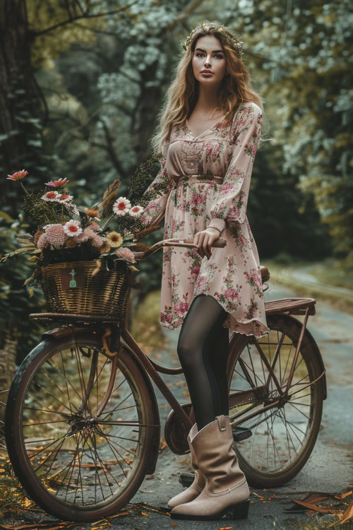 a woman wears a floral dress, tights with brown cowboy boots