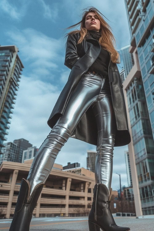 a woman wears a leather trench coat, silver leggings and black cowboy boots