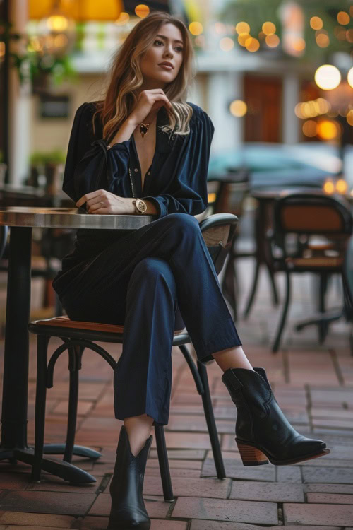 a woman wears a navy blouse and pants with ankle cowboy boots for date night