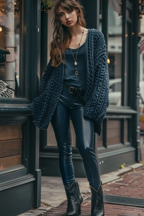 a woman wears a navy cardigan, black cowboy boots and leather leggings