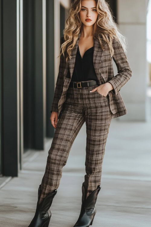 a woman wears a set of a plaid blazer and pants with black cowboy boots