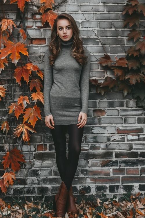 a woman wears a sweater dress, tights and brown cowboy boots