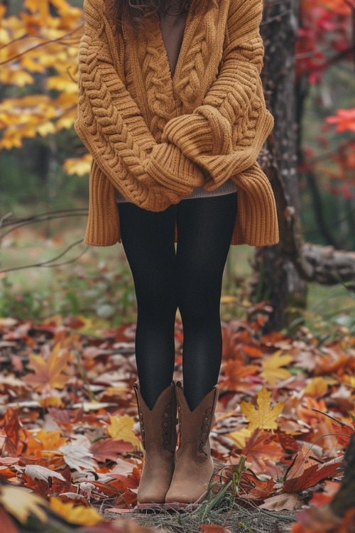 a woman wears a thick cardigan, a sweater dress, brown cowboy boots and tights