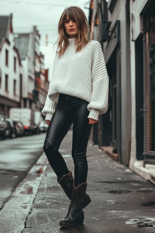 a woman wears a white sweater, leather leggings and black cowboy boots