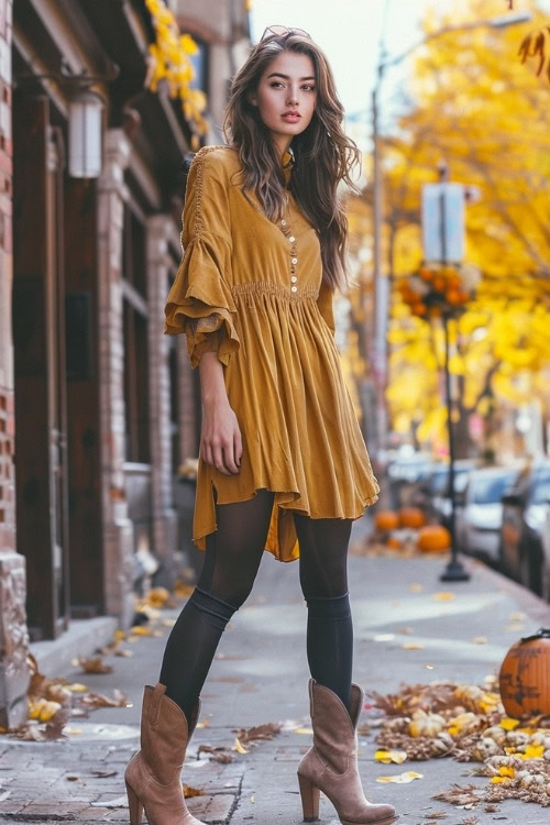 a woman wears a yellow dress, brown cowboy boots and tights