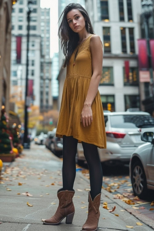 a woman wears a yellow dress, tights and brown cowboy boots