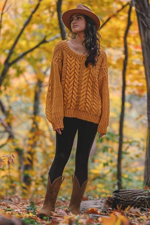 a woman wears a yellow sweater, brown cowboy boots and black leggings