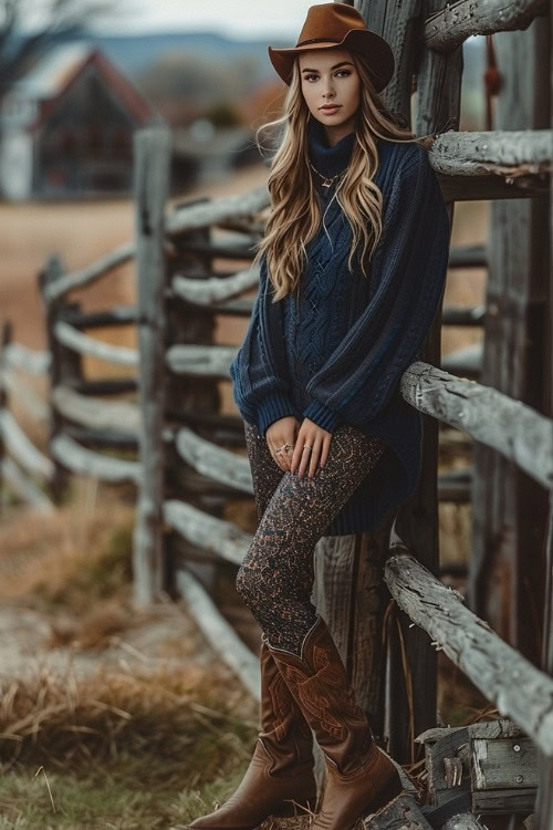 a woman wears an oversized navy sweater, decorative leggings and brown cowboy boots