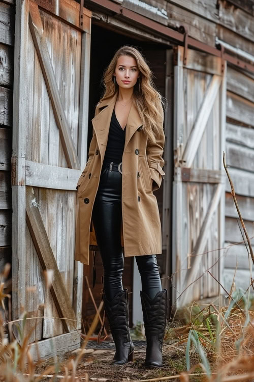 a woman wears black cowboy boots, a black top, black leggings and a trench coat