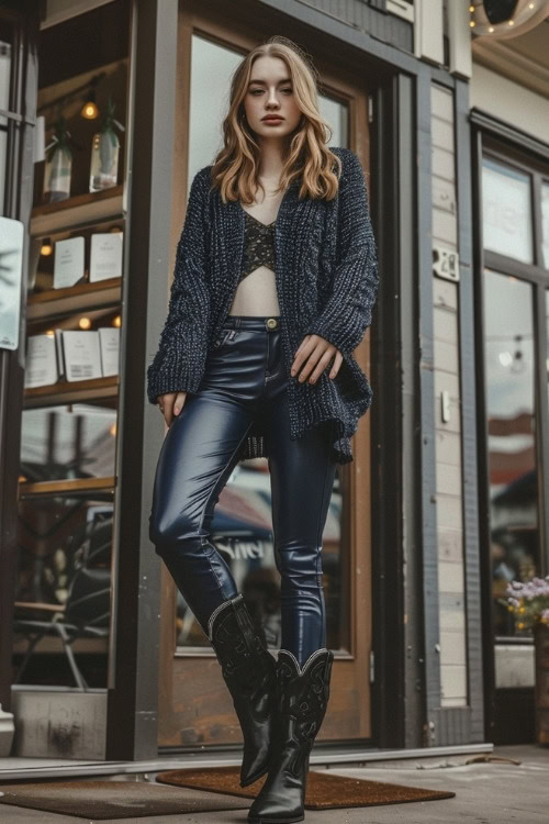a woman wears black cowboy boots, a cardigan and a navy leather pants