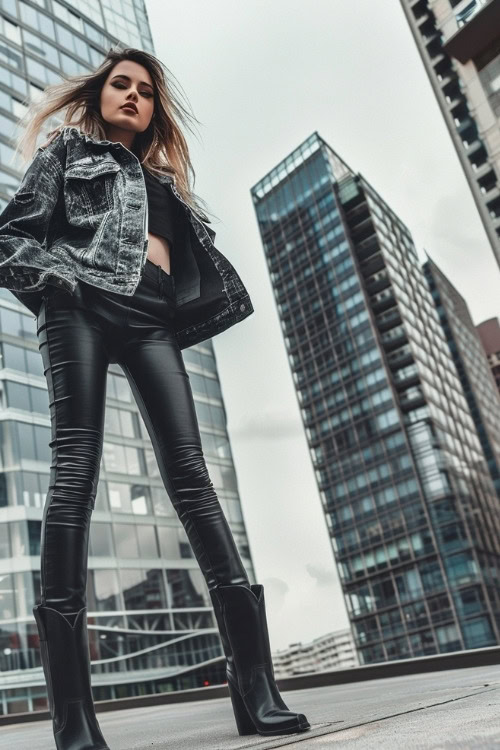 a woman wears black cowboy boots, a leather jacket and leather leggings