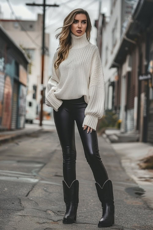 a woman wears black cowboy boots, black leather leggings and a white sweater