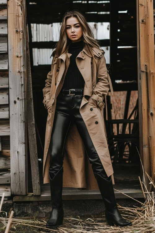 a woman wears black cowboy boots, black leather pants and a trench coat