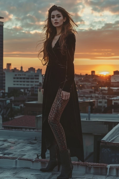 a woman wears black cowboy boots, leggings and a black dress