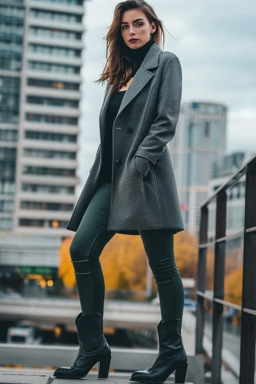 a woman wears black cowboy boots, leggings and a grey coat