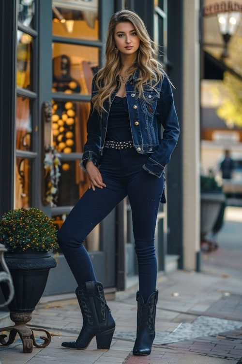 a woman wears black cowboy boots, navy leggings and a denim jacket