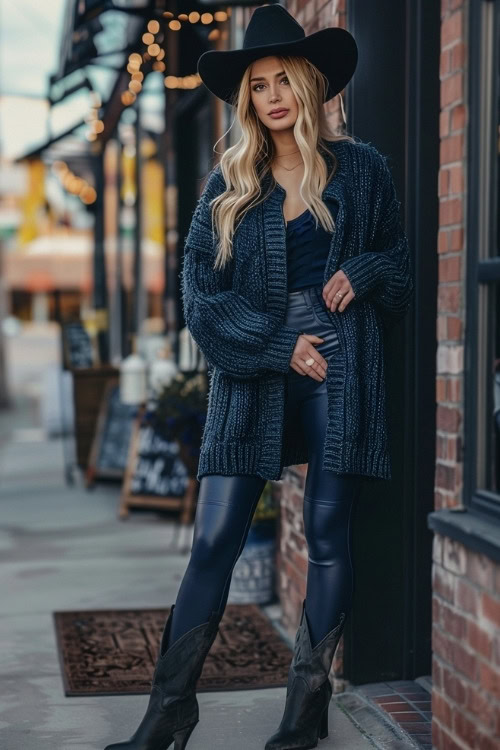 a woman wears black cowboy boots, navy leggings and a navy cardigan