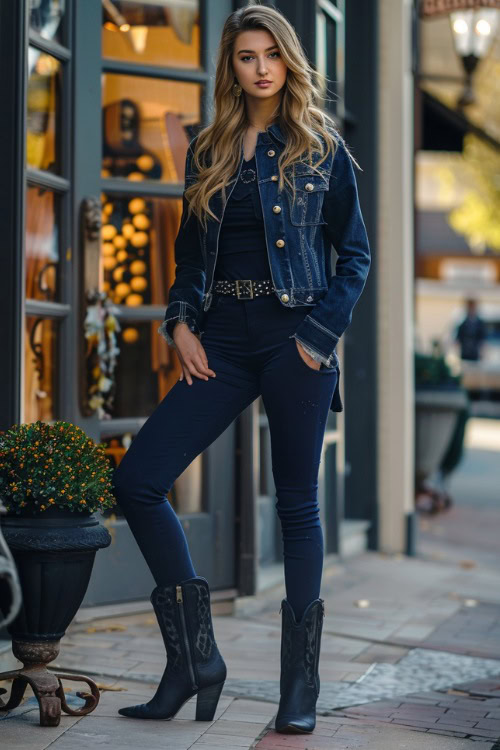 a woman wears black cowboy boots, navy leggings with a denim jacket