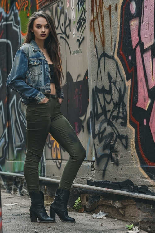 a woman wears black cowboy boots, olive green leggings and a denim jacket