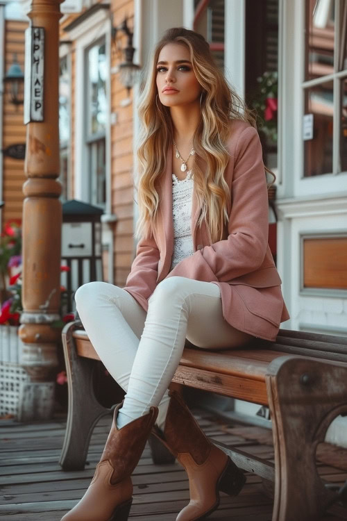 a woman wears brown ankle cowboy boots, a white top, white leggings and a pink blazer