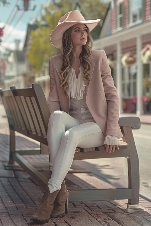 a woman wears brown ankle cowboy boots, white leggings and a pink blazer