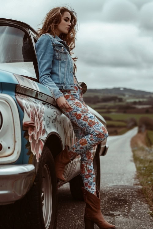 a woman wears brown cowboy boots, a denim jacket and decorative leggings