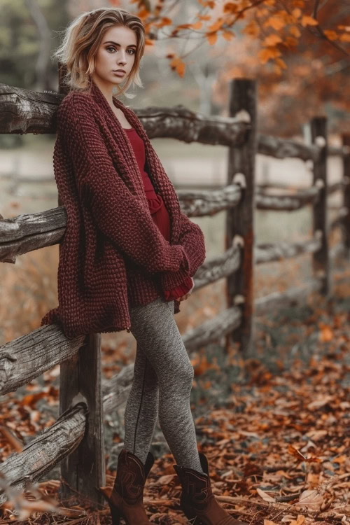 a woman wears brown cowboy boots, leggings, a red top and a cardigan