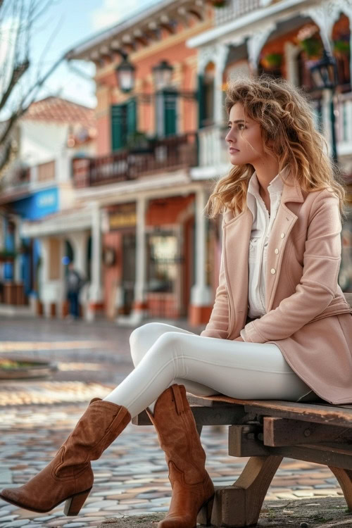 a woman wears brown cowboy boots, leggings and a pink blazer