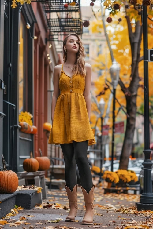a woman wears brown cowboy boots, leggings and a yellow dress
