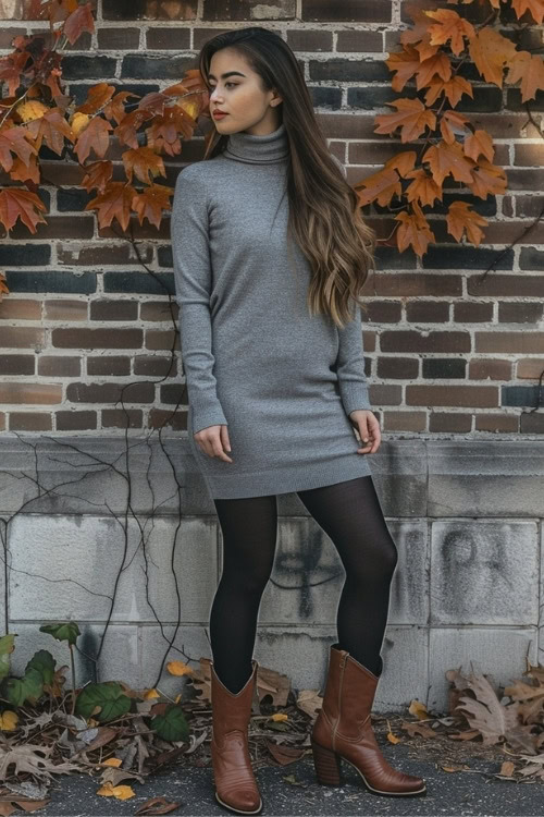 a woman wears brown cowboy boots, tights and a grey sweater dress
