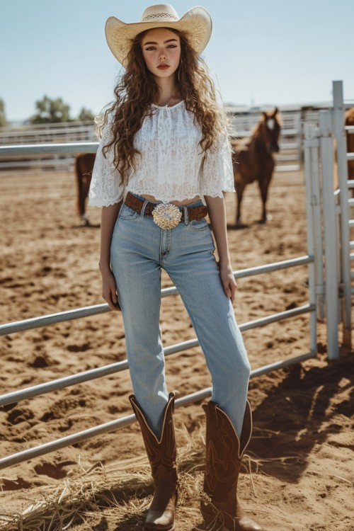 a woman wears brown cowboy boots with jeans and white blouse