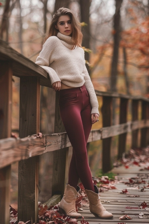 a woman wears burgundy leggings, brown cowboy boots and a beige sweater