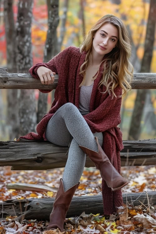 a woman wears grey leggings, brown cowboy boots with a brown cardigan