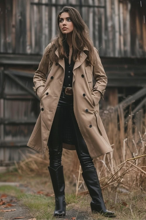 a woman wears leather pants, black cowboy boots with a trench coat