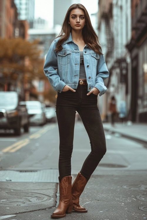 a woman wears leggings and brown cowboy boots with a denim jacket