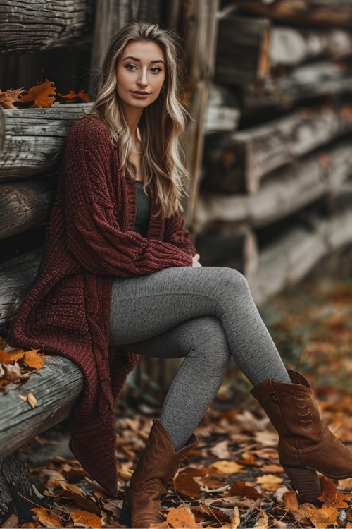 a woman wears leggings, brown cowboy boots with a brown cardigan