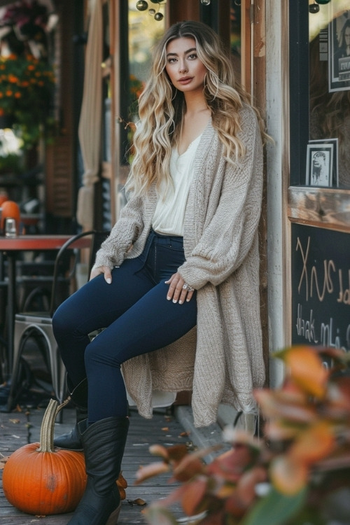 a woman wears navy leggings, black cowboy boots, a white blouse and a long cardigan