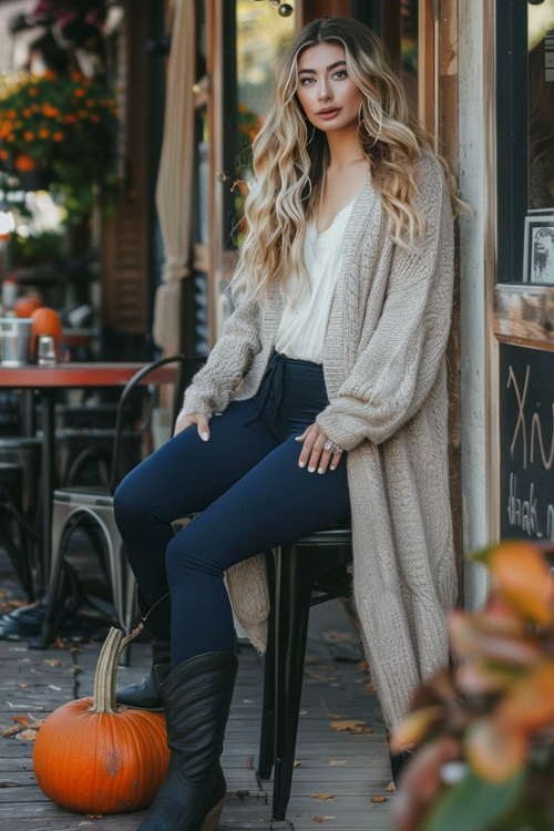 a woman wears navy leggings, black cowboy boots, a white blouse with a long cardigan