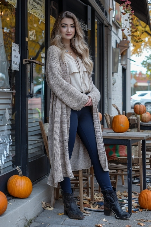a woman wears navy leggings, black cowboy boots and a long cardigan