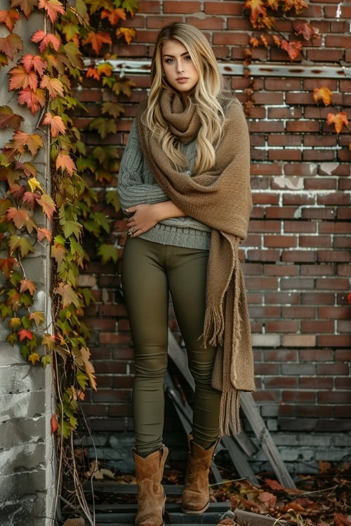 a woman wears olive pants, brown cowboy boots, a grey sweater with a chunky scarf
