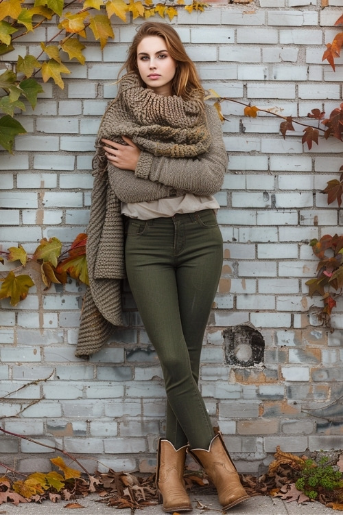 a woman wears olive pants, brown cowboy boots with a chunky scarf