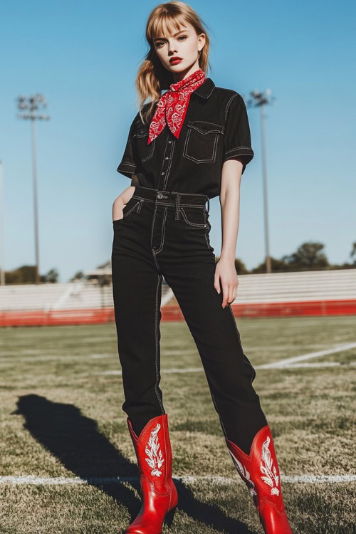 a woman wears red cowboy boots for rodeo