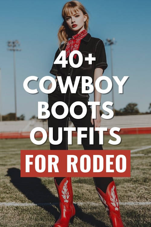 a woman wears red cowboy boots with black outfit for rodeo